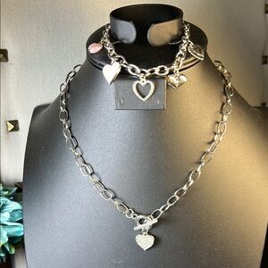 Silver Heart Charm Necklace and Bracelet Set
